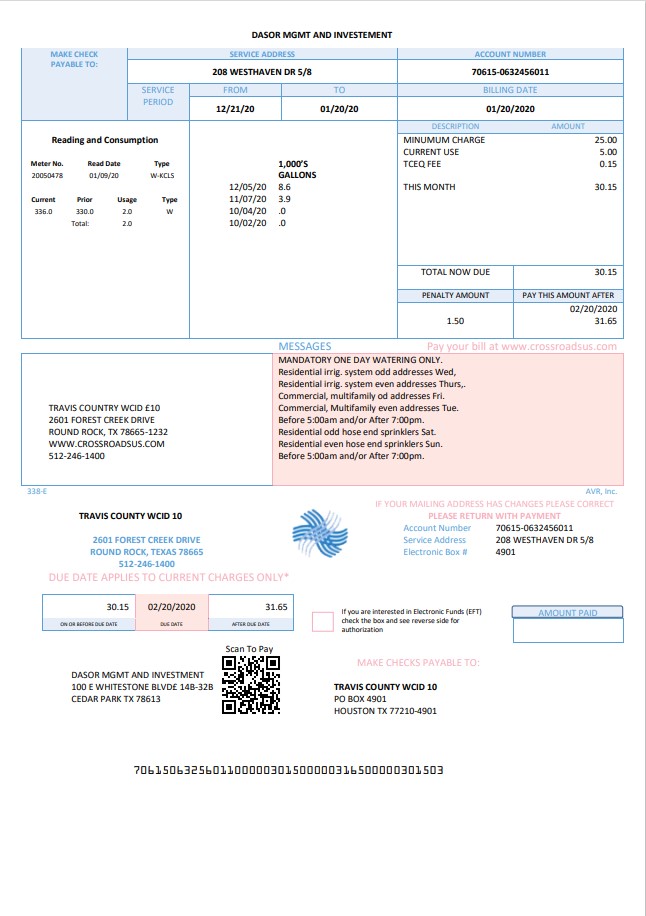 USA Texas Dasor Management and Investment utility bill template in Word nd PDF format